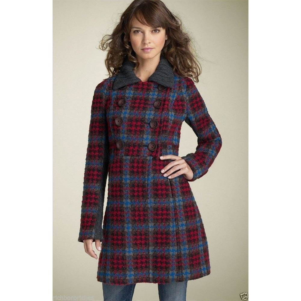 Free People Plaid Wool Blend Coat Double Breasted
